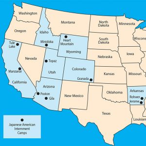 Map of the United States with locations of Japanese Interment camps shown with black dots and names