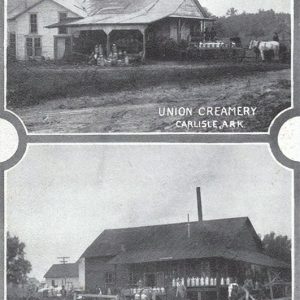 Postcard featuring two buildings both with smokestacks