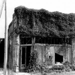 Vines growing on top of abandoned brick storefront