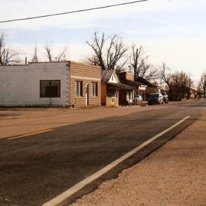 Street with single-story buildings and signs, parked cars