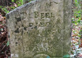 Broken tombstone with trees and fall leaves