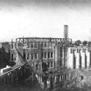 Unfinished building with cranes and trees surrounding it