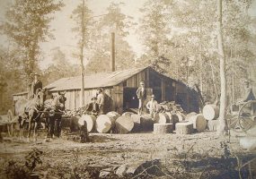 White men posing with and one standing on tree sections at lumber mill with horse drawn cart in the left hand corner