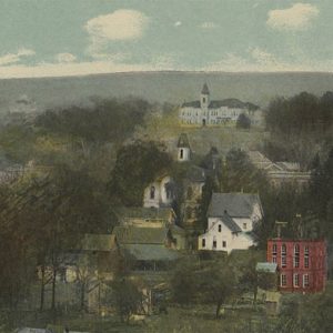 Painting of multistory town buildings and trees and hills in the background