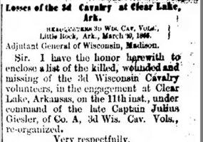 "Losses of the Third Cavalry at Clear Lake Arkansas" newspaper clipping