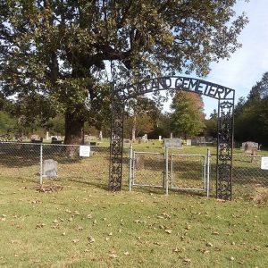 Iron "Cleveland Cemetery" arch with gravestones and tree beyond fence and gate