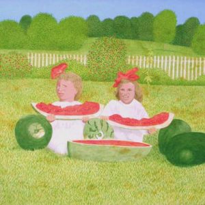 painting two white girls in field matching white outfits red hair ribbons eating large watermelon slices