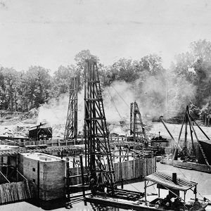 Large structures being built in river