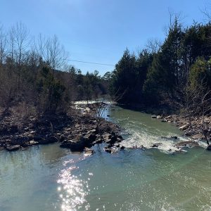 River with rushing water over rocks and trees on both sides