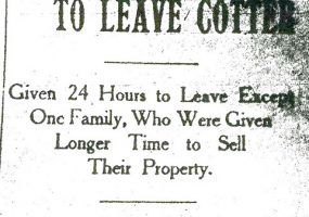 "Negroes warned to leave Cotter" newspaper clipping