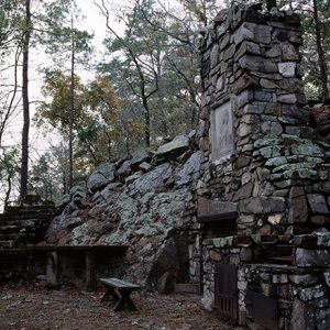 Stone chimney and other ruins in forested area