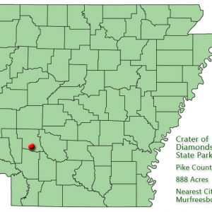 map outlining Arkansas counties with red pin in southwest quadrant