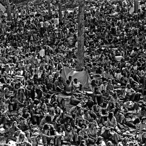 Large crowd sitting close together with tents and tree trunks