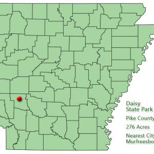 map outlining Arkansas counties with red pin in southwest quadrant