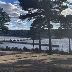 Lock and dam on river as seen from shore