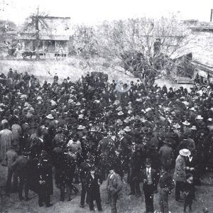 Large crowd gathered by tree with town buildings around them