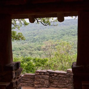 Interior of wood and stone pavilion looking out onto tree covered hill