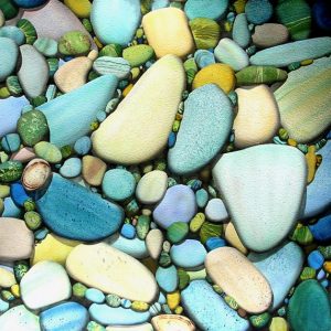 Watercolor painting overhead view river rocks various sizes colors and patterns