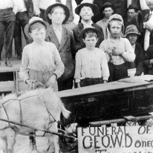 White men, women, and children with toy horse and small coffin with sign "Funeral of Geo. W. Doneghey"