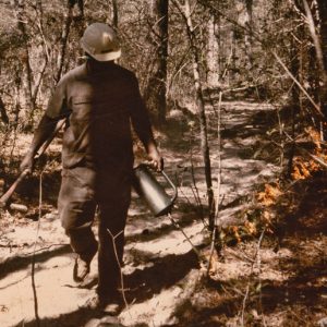 African-American man with tools and hard hat in forest