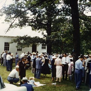 Crowd gathered under trees outside single-story building