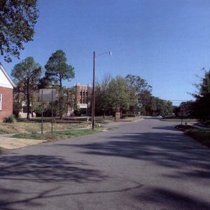 Brick house on street with multistory brick school building in the background behind trees