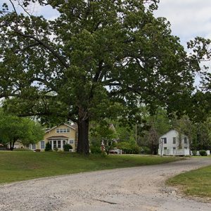 Gravel driveway with two-story houses in background and trees