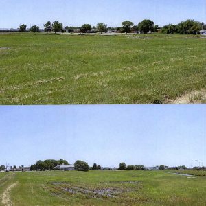 Green field with buildings in the background as seen from two vantage points