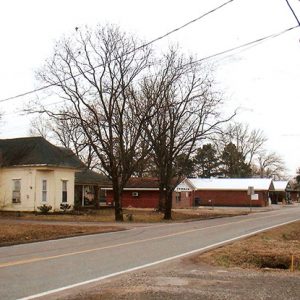 House and brick buildings on street with trees and power lines