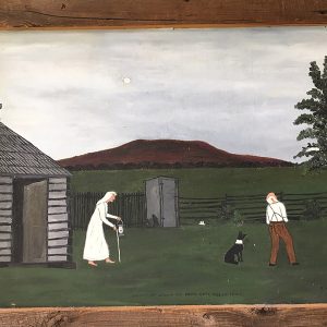 Old man woman and dog in farm looking at tree with hill in background