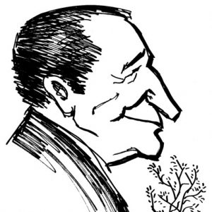 Cartoon profile view of an old white man and small bush