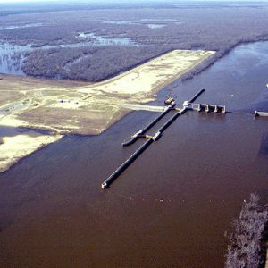 Aerial view of lake with locks and dam