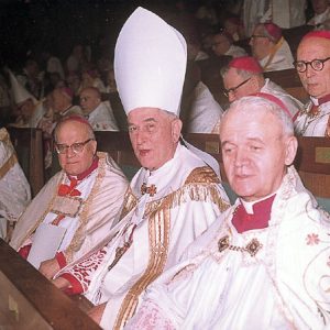 Crowd of white men in bishop's robes, the central one with a white miter, sitting in pews