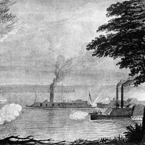 Ironclad ships on river firing at each other with trees on shore in the foreground