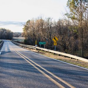 Looking across highway bridge with road signs and bald trees on both sides