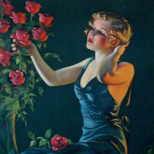 Young white woman in sleeveless dress sitting down picking roses from a rose bush