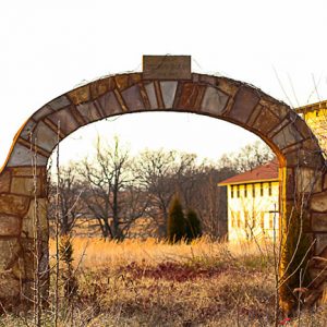 Stone arch in overgrown field with multistory buildings in the background