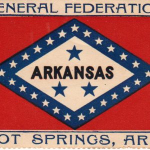 Arkansas flag stamp with blue text on its borders