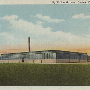 Postcard depicting long industrial building with smokestack