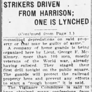 "Strikers driven from Harrison; one is lynched" newspaper clipping