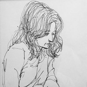 Drawing of woman holding pen and paper