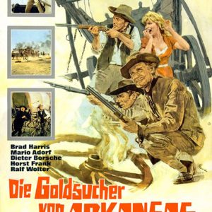 White men in western clothing with guns and white woman on movie poster with German text