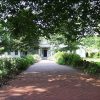 Wide brick sidewalk under tree-lined approach to white wood frame home