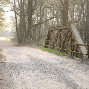 Looking across steel bridge on dirt road with weight limit sign