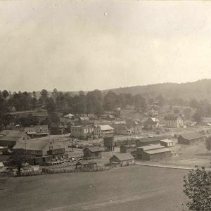 Elevated view of town buildings and houses