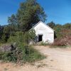 Abandoned single-story building on dirt driveway amid greenery