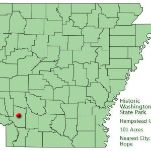 map outlining Arkansas counties with red pin in southwest quadrant