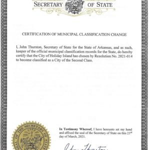 "Certification of Municipal Classification Change" certificate from Arkansas Secretary of State