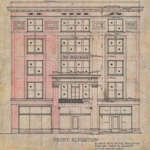 Drawing of multistory building's front elevation