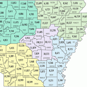 Map of Arkansas with colored sections with numbers of housing units in each labeled county